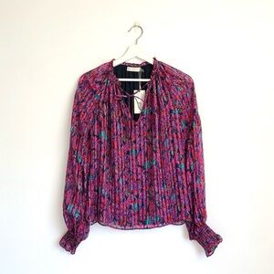 NWT Ramy Brook Luanne Leaf Print Pleated 100% Silk Blouse Top | Pasco, Size XS